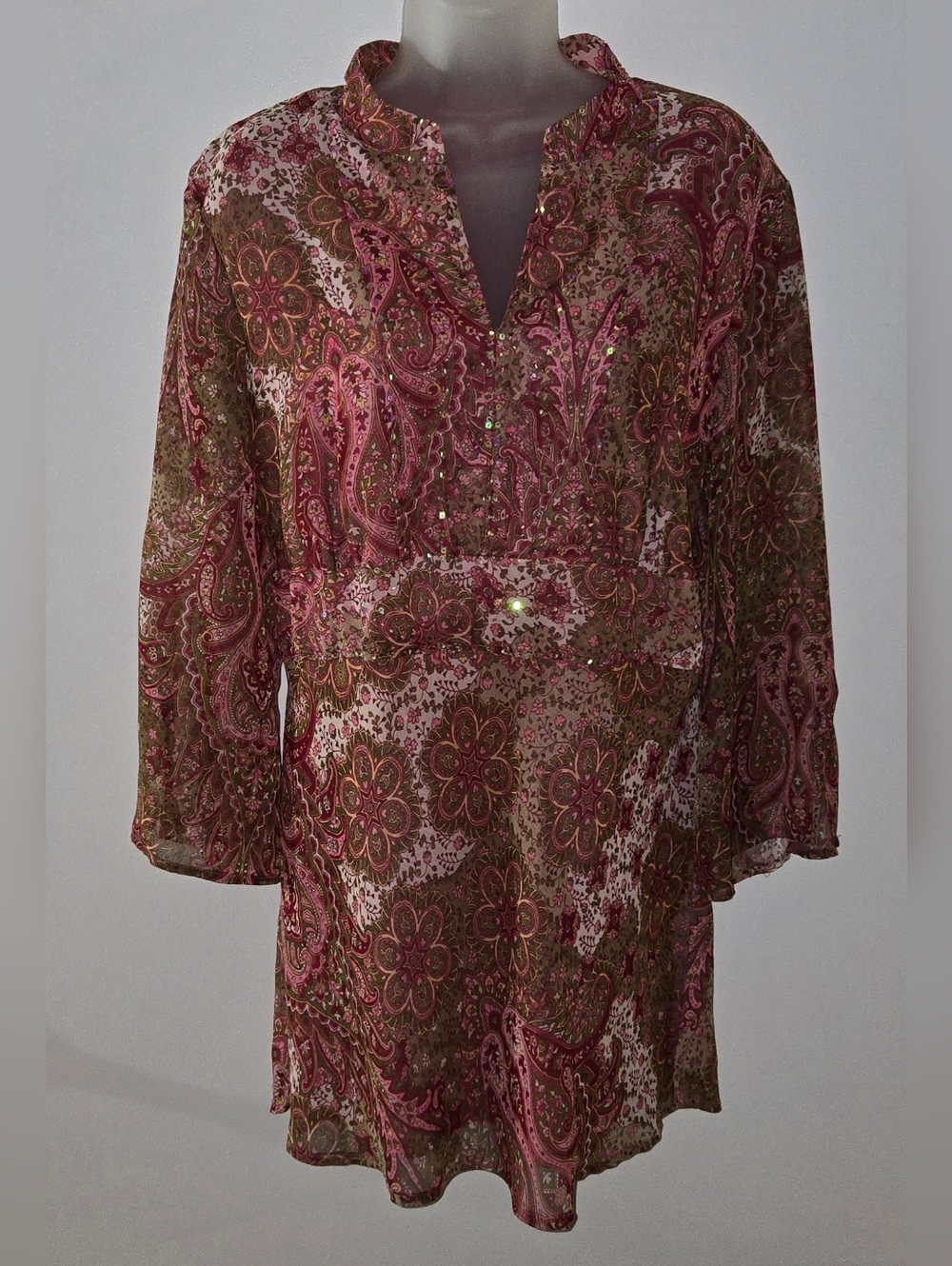 Misty&Max Tunic Tie In Back Lined Sequins And Beads Sz Large Long Sheer Sleeves